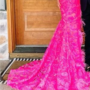 Elegant Pink Feathered Prom Dress
